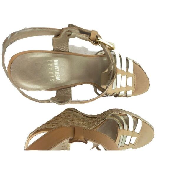 Stuart Weitzman Espadrilles Wedge Heels 5.5M Tan Gold Leather T-Strap Huarache - Picture 8 of 10